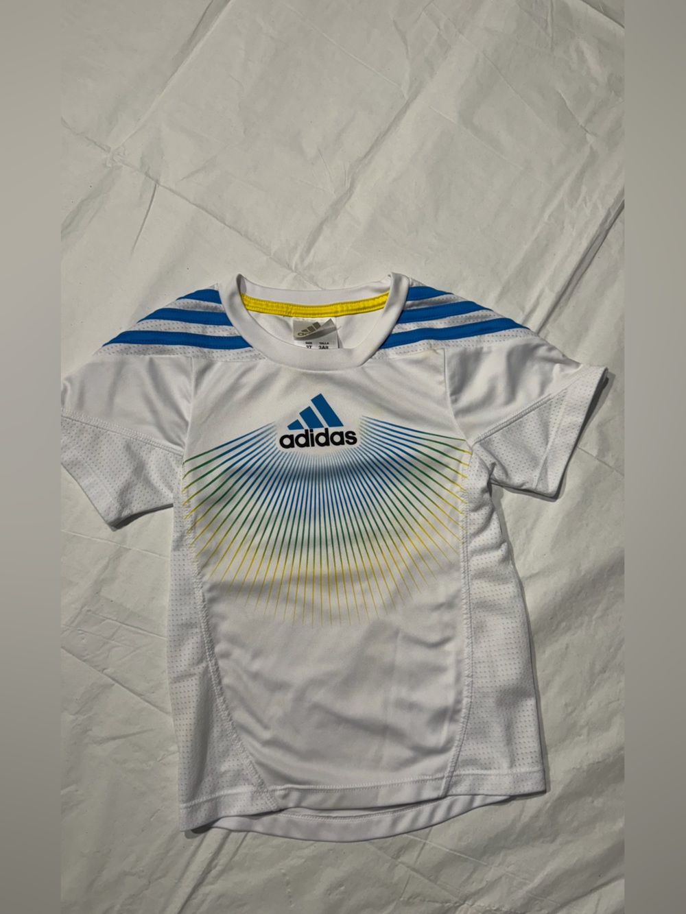 adidas White Tee with Blue and Yellow Accents